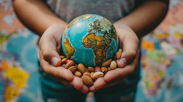 Nuts and legumes around a small globe in children's palms Concept of humanitarian aid to poor countries. August 19 is World Humanitarian Day.