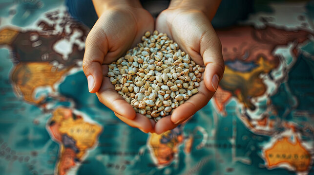 Top view, a handful of legumes in the hands of a person on the background of a world map. The concept of humanitarian aid to poor countries. August 19 is World Humanitarian Day.