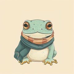 Cute illustration of a green frog wearing a warm scarf, captured with a neutral beige background. Perfect for animal and nature enthusiasts.