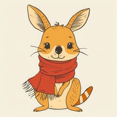 Cute kangaroo wearing a red scarf, adorable cartoon illustration of a kangaroo, perfect for kids' books, prints, and more.