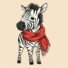 Cute zebra illustration wearing a red scarf, perfect for kids' designs, posters, and playful themes. Hand-drawn style.