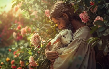 Jesus Christ gently holding a lamb in his arms, comforting the animal close up compassion realistic...