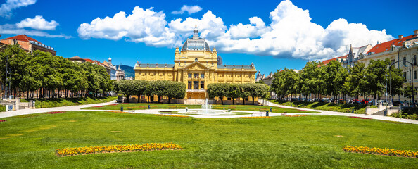 Art pavillion and fountain on King Tomislav square in Zagreb panoramic  view