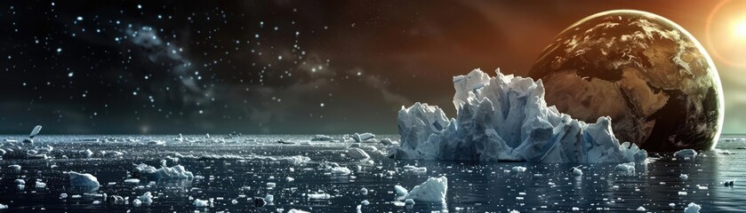 Surreal image of an ice-like earth and icy landscape in space with stars, creating a dramatic and mystical sci-fi scene.