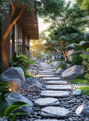 Serene Stone Garden Path in Tranquil Landscape