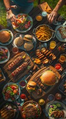 Fototapeta premium Backyard filled with guests enjoying a Memorial Day barbecue, grilling burgers close up festive atmosphere realistic Fusion picnic table