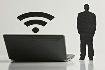 Silhouette of a person standing near a laptop with Wi Fi symbol, representing the digital divide and the importance of connectivity