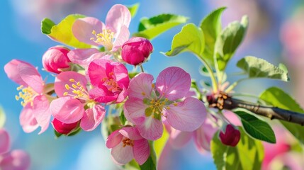 Obraz premium Pink Apple Tree in Springtime Close up View of Lively Apple Blossoms with Elegant Pink Blooms