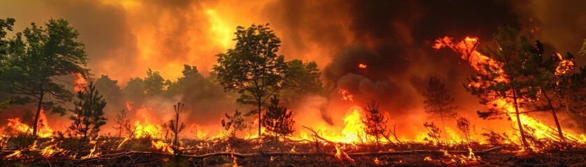 Fototapeta premium Intense forest wildfire with smoke and flames engulfing trees, depicting the fierce power of nature and the danger of wildfires.