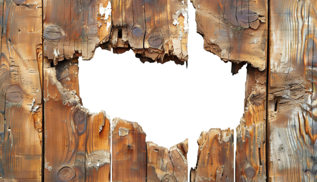 Hole breaking through wooden wall, cut out