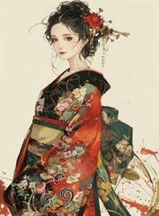 An illustration of a beautiful woman in a kimono with red and white flowers in her hair and a red and white fan in her hand