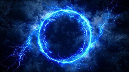 electric blue holographic circles and lightning frame on black futuristic portal concept