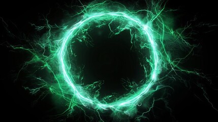 electric green lightning plasma portal glowing round frame isolated on black digital art