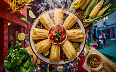 tamales in gradient and Mexican background