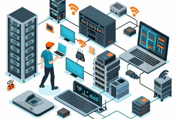 Obraz premium Server room with multiple devices connected via Wi Fi, representing robust digital infrastructure