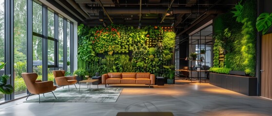 An eco-friendly office interior designed with biophilic elements, featuring a spacious open-plan workspace with living walls, natural light, and recycled furniture, promoting a healthy