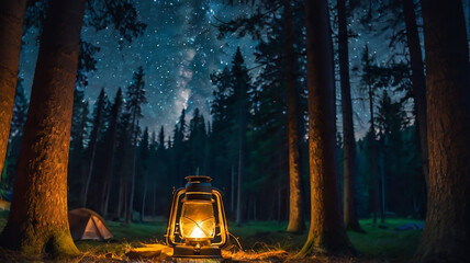 森の夜、ランタンの灯
