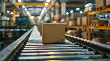 cardboard box on the Conveyor belt at warehouse