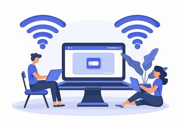 Woman and man using laptops with large Wi Fi symbols, representing digital communication and connectivity