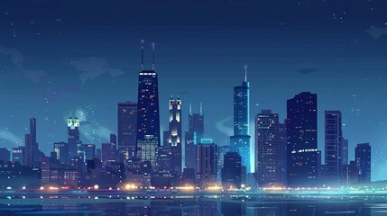 famous chicago skyline at night panoramic view of illuminated skyscrapers cityscape concept digital illustration