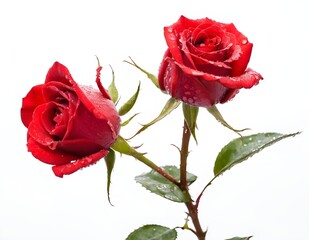 Fototapeta premium Single Red Rose With Green Leaves on White Background isolated