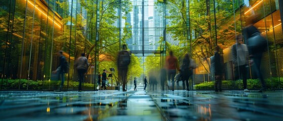 Obraz premium Glass office and working space with blurred people walking fast movement, Eco-friendly featuring sustainable building with green environment and trees, green environment in city
