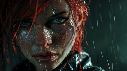 futuristic ninja girl with wet red hair dark background ai generated image