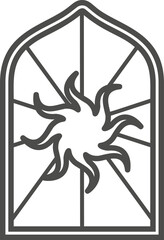 Church glass window. Gothic arch frame with medieval symbol. Vintage architecture element. Stained mosaic decoration with sun