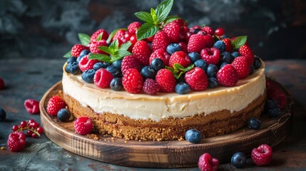 holiday dessert table, cheesecake adorned with berries and greenery makes a rustic shavuot dessert displayed on a wooden table