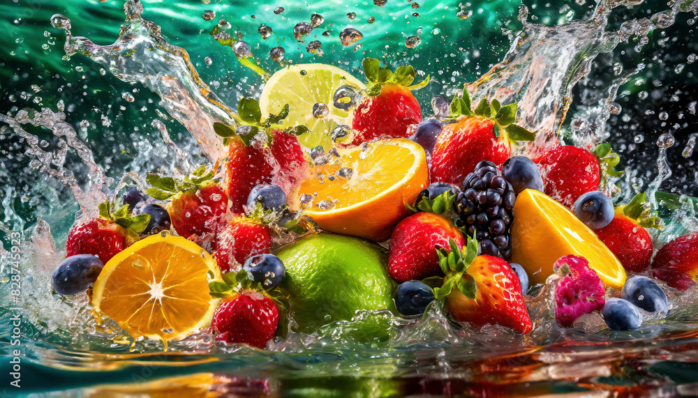 Wall mural Mixed colorful Fruits in water splash on black background. Summer, healthy food concept.