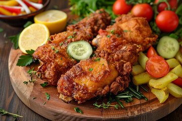 fried chicken and vegetables on wooden table, selective focus