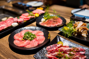 Slice of fresh meat for hotpot in the restaurant