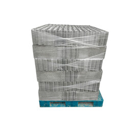 A stack of metal boxes wrapped in plastic