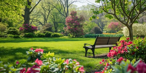 Serene park setting with a solitary bench, vibrant green grass, and colorful flowering shrubs on a sunny day