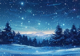 Naklejka premium Snow-Covered Forest Under Starlit Winter Sky