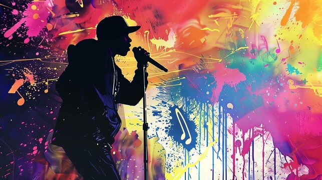 hip hop rapper performing on stage at night club silhouette on colorful background with music notes and microphone concert poster design