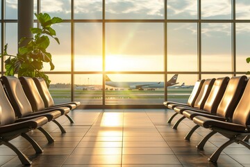 Sunny airport waiting room with airplane background, travel and transportation concept