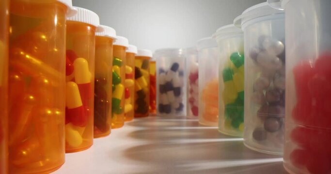 Plastic bottles with colorful pills. Abundance of medicines and dietary supplements for healing both body and skin
