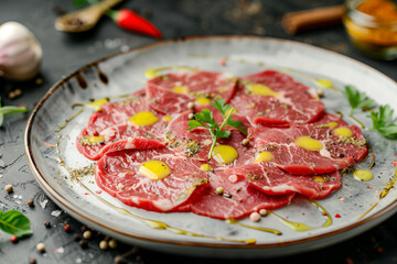 carpaccio of beef on plate with mustard and spices, selective focus