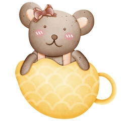 Cute brown bear with pink bow on head in cup isolated on transparent background