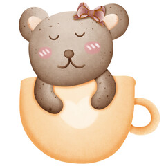 Cute brown bear with pink bow on head in cup isolated on transparent background