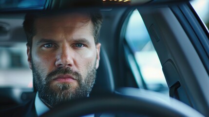 Obraz premium Handsome bearded businessman is looking into the rear view mirror while driving the car