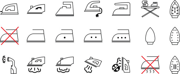 Set of Home appliance, Steam generator irons. Iron and No Iron fill icons. Line vectors for web sites or mobile app. Laundry items symbols editable stock collection isolated on transparent background.