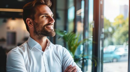 Happy businessman in office looking out the window