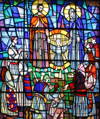 Holy Family, stained glass window in church parish church of the Saint Joseph the Worker in Klinca...