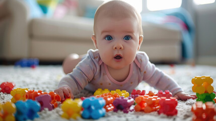 Fototapeta premium cute baby playing with toy on the floor at home