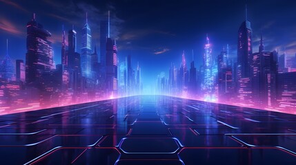 Fototapeta premium Futuristic cityscape background with glowing blue lines. High-tech skyscrapers. Generative AI.