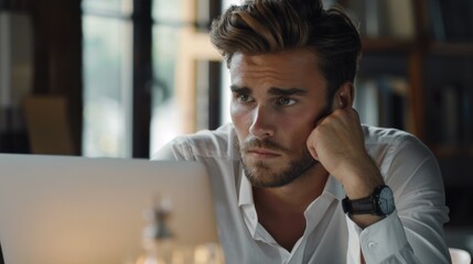 Obraz premium Handsome businessman deep in thought while working on laptop.
