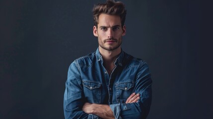 Obraz premium Portrait of happy fashionable handsome man in jeans shirt crossing hands and look at camera