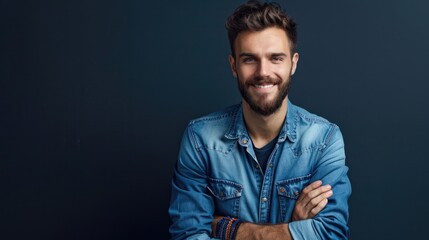 Obraz premium Portrait of happy fashionable handsome man in jeans shirt crossing hands and look at camera